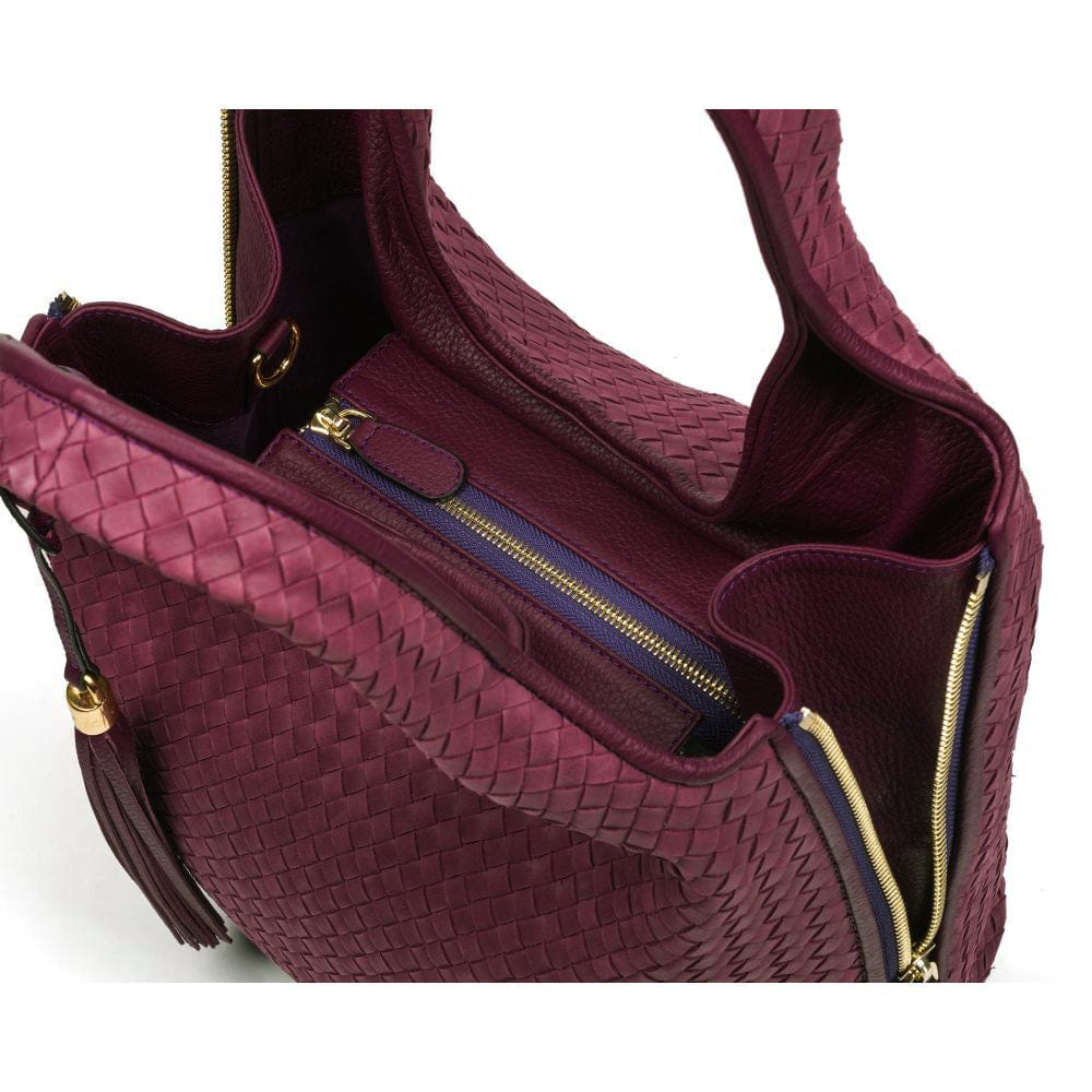 Large Woven Leather Bag - Burgundy