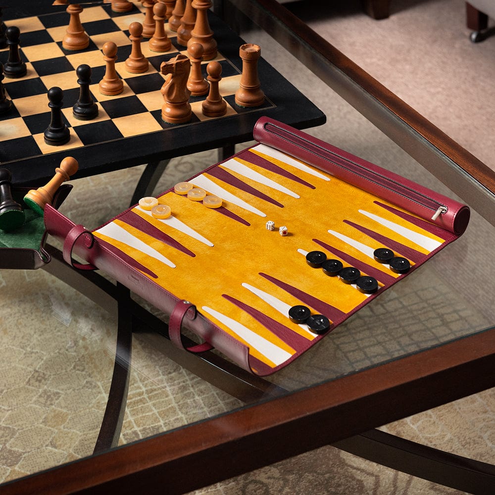 Leather backgammon roll, burgundy with mustard, lifestyle