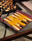 Leather backgammon roll, burgundy with mustard, lifestyle