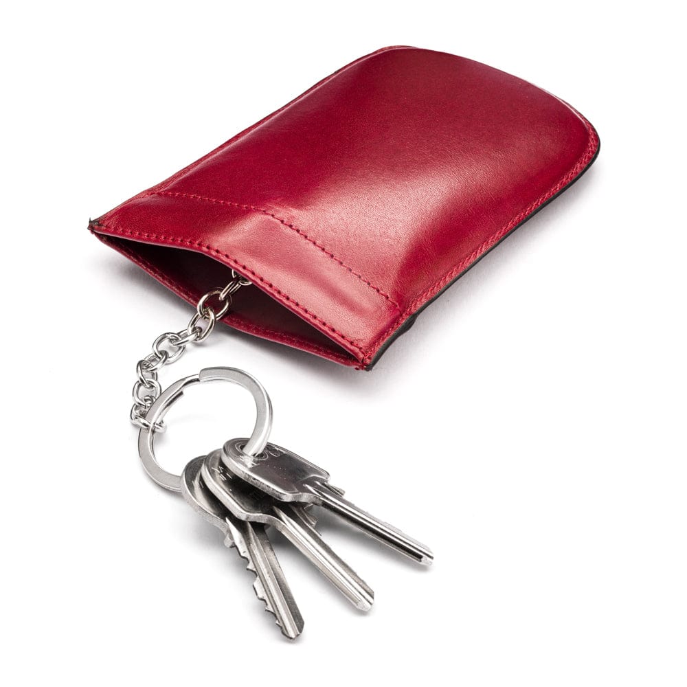 Leather key case with squeeze spring opening, burgundy, open