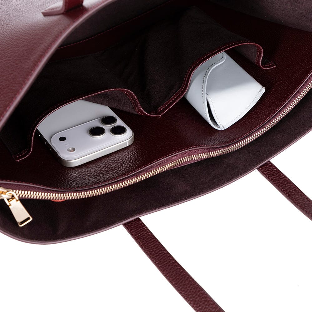 Leather tote bag, burgundy, open