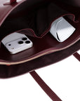 Leather tote bag, burgundy, open