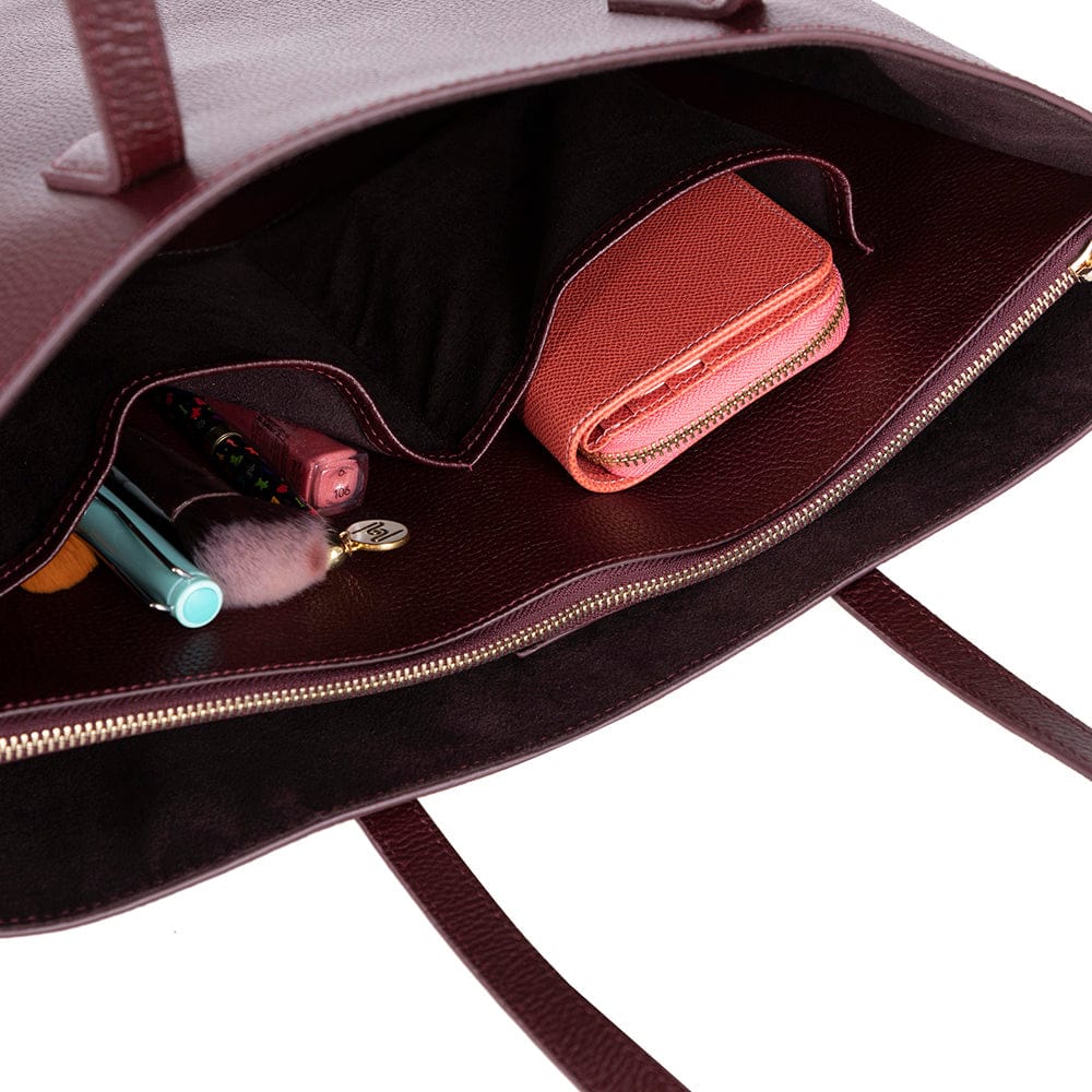 Leather tote bag, burgundy, open view