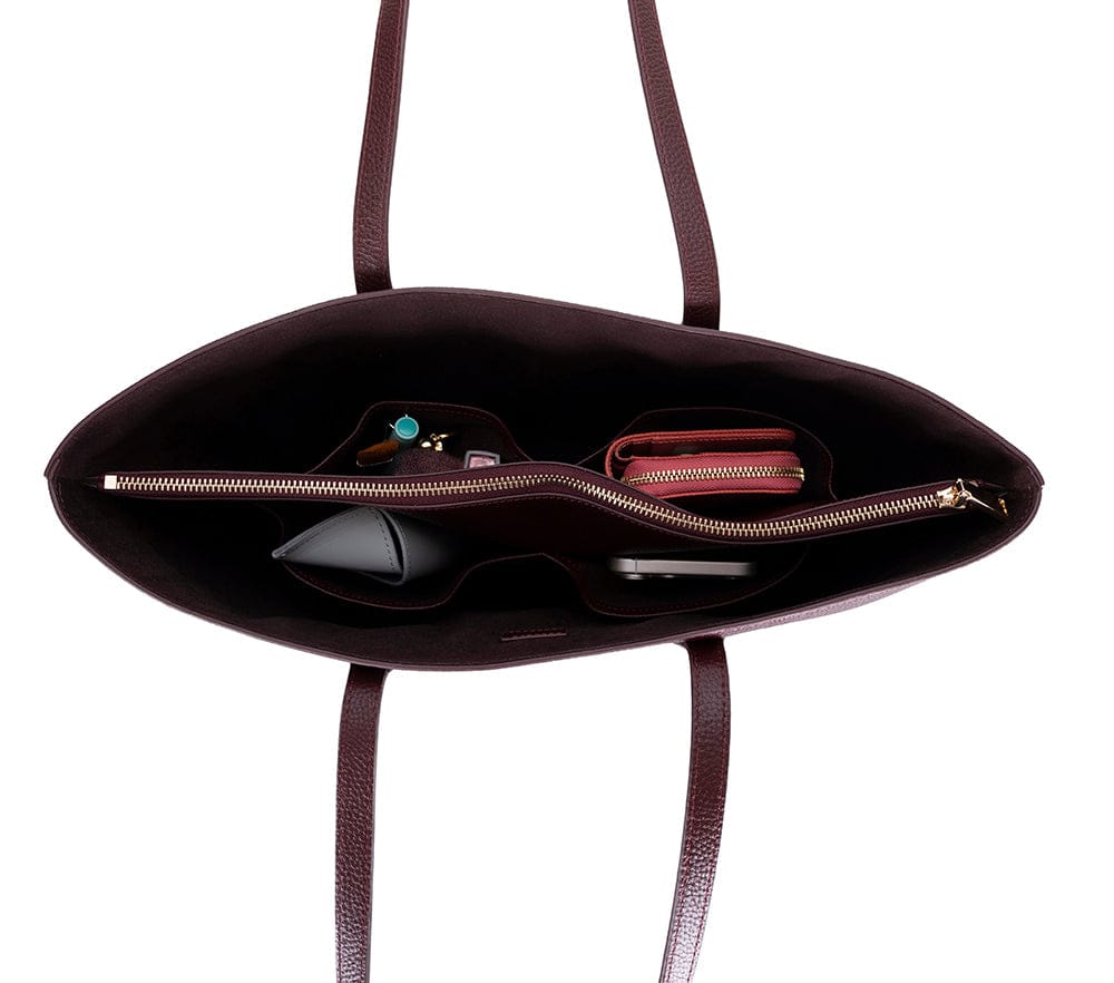 Leather tote bag, burgundy, inside