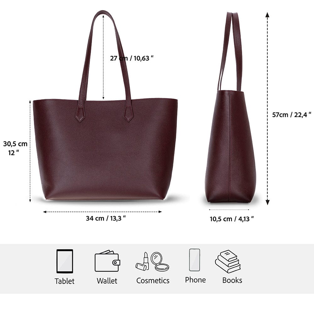 Leather tote bag, burgundy, features and dimensions