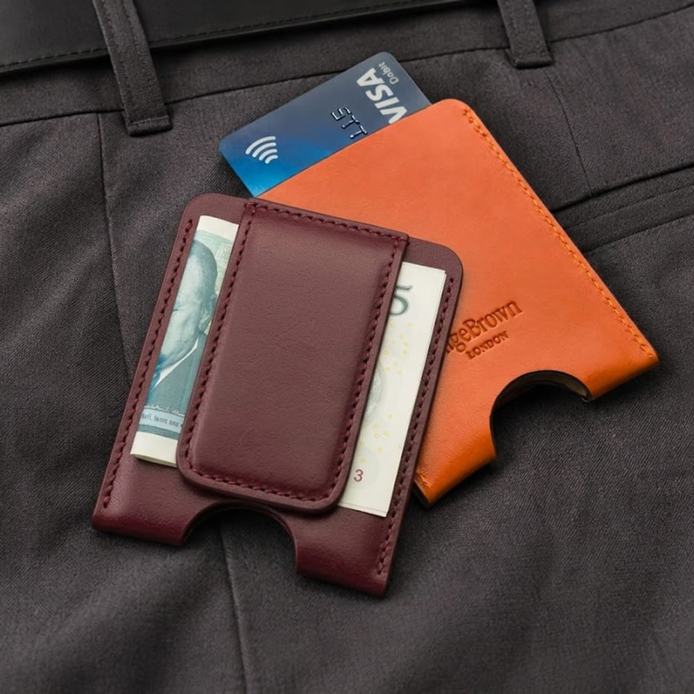 Flat magnetic leather money clip card holder, burgundy, lifestyle