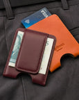 Flat magnetic leather money clip card holder, burgundy, lifestyle