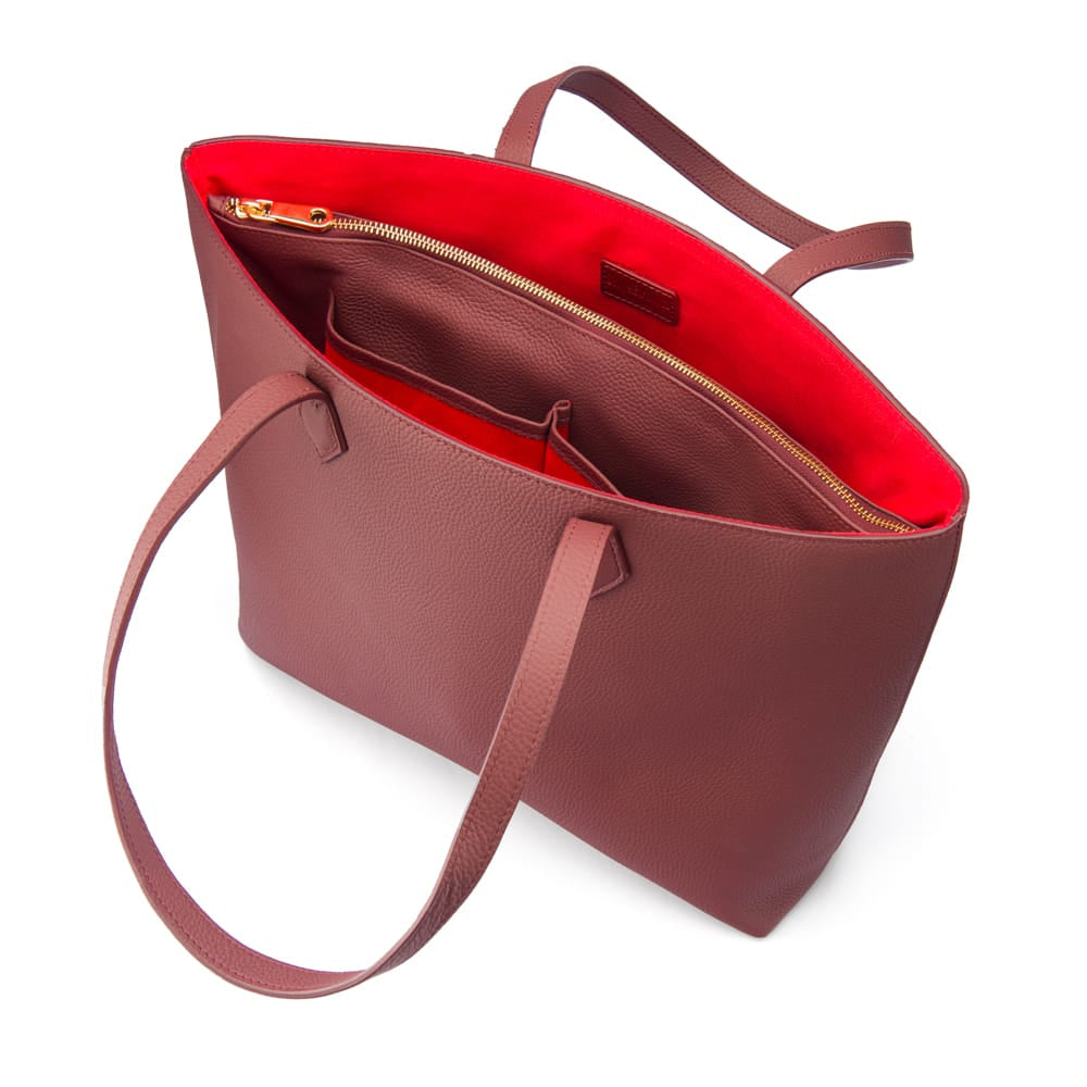 Luxury Leather Tote Bag and Shopper, Burgundy, inside