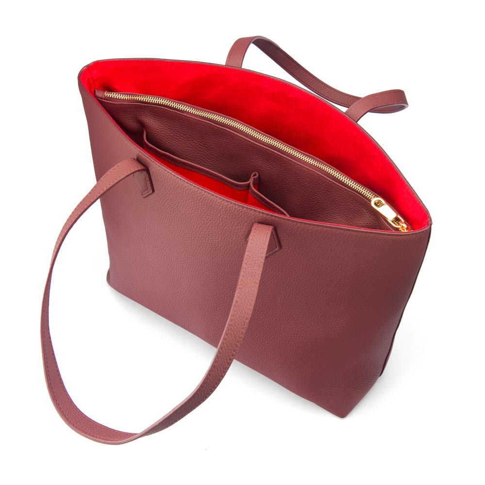 Luxury Leather Tote Bag and Shopper, Burgundy, open