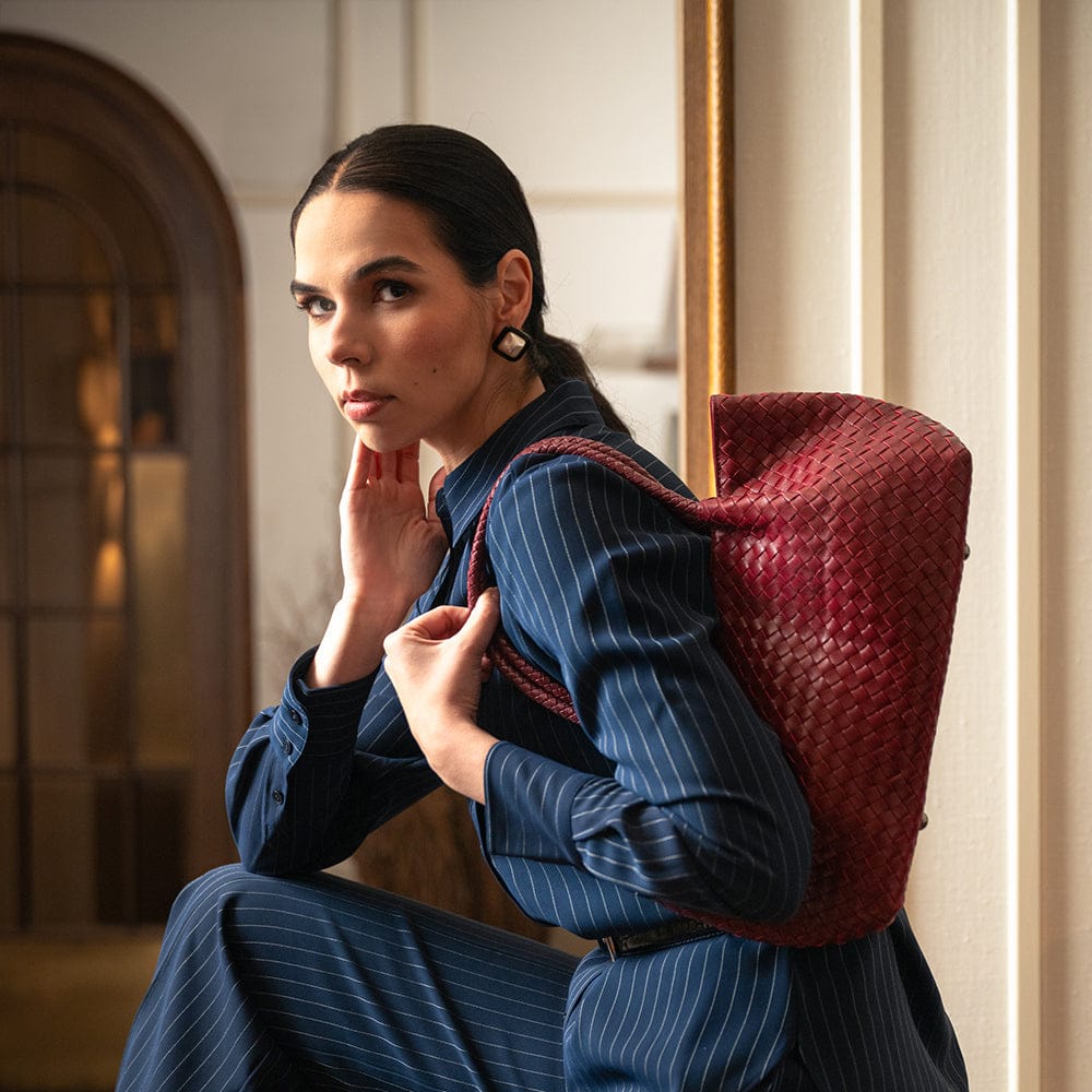 Midi Woven Leather Bag, Michaela  - Burgundy