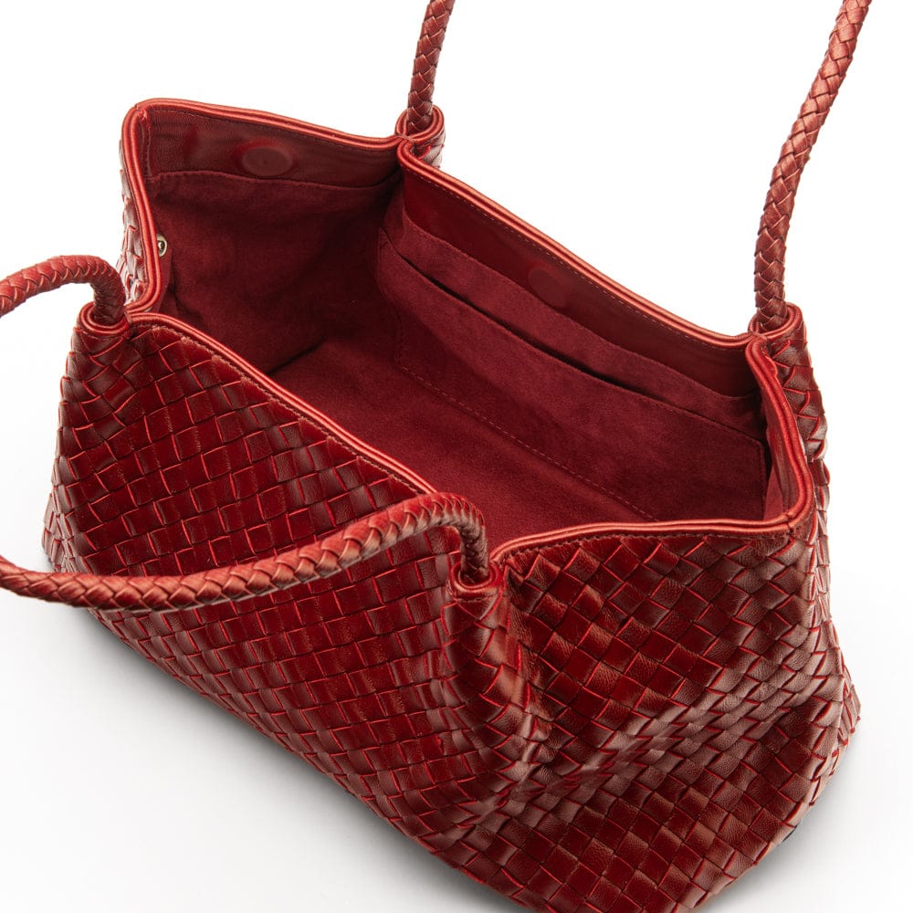 Midi woven leather bag, burgundy, open