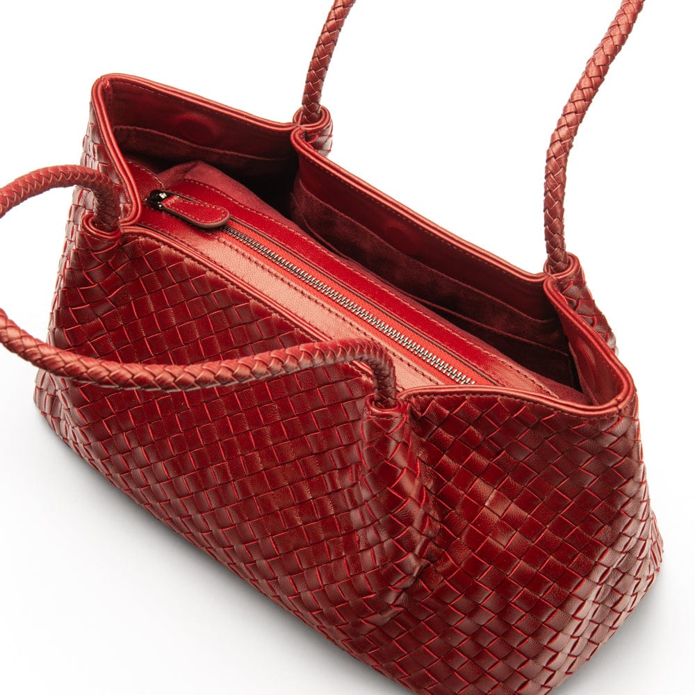 Midi woven leather bag, burgundy, inside