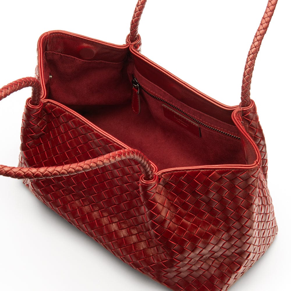 Midi woven leather bag, burgundy, open view