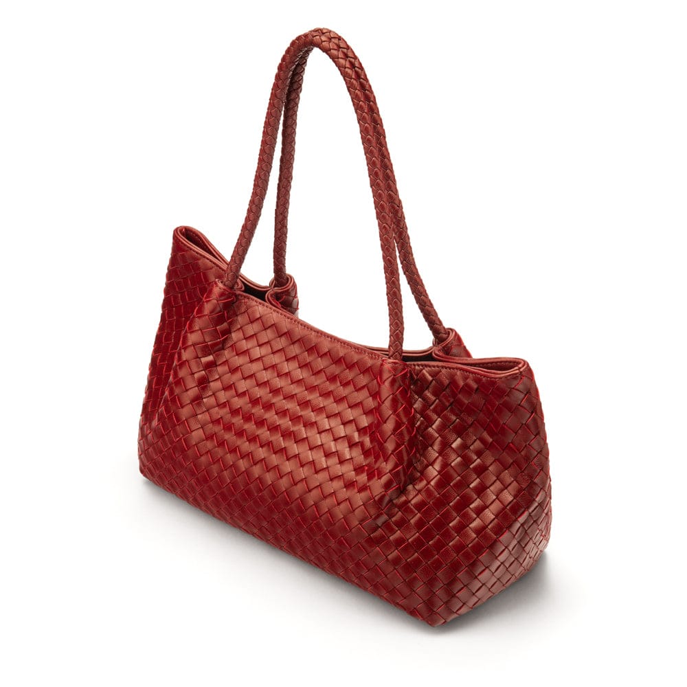 Midi woven leather bag, burgundy, side