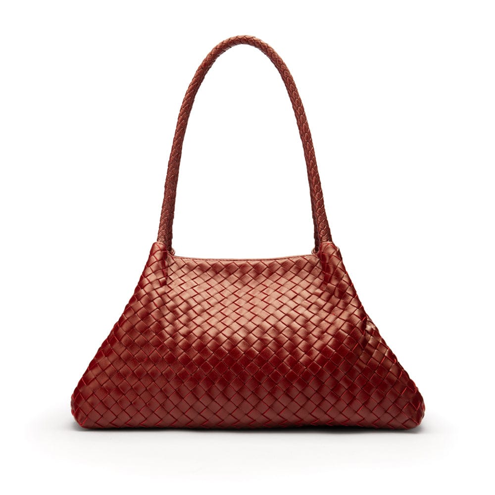 Midi woven leather bag, burgundy, trapeze shape