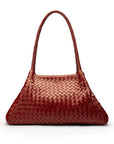 Midi woven leather bag, burgundy, trapeze shape