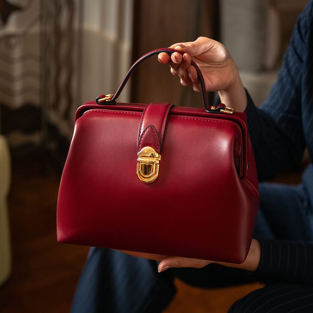 Mini leather Gladstone bag, burgundy, lifestyle