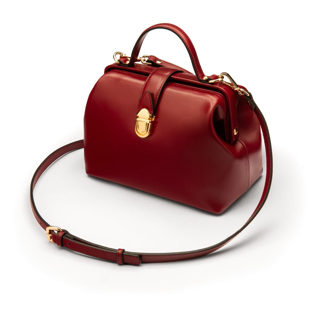 Mini leather Gladstone bag, burgundy, with shoulder strap