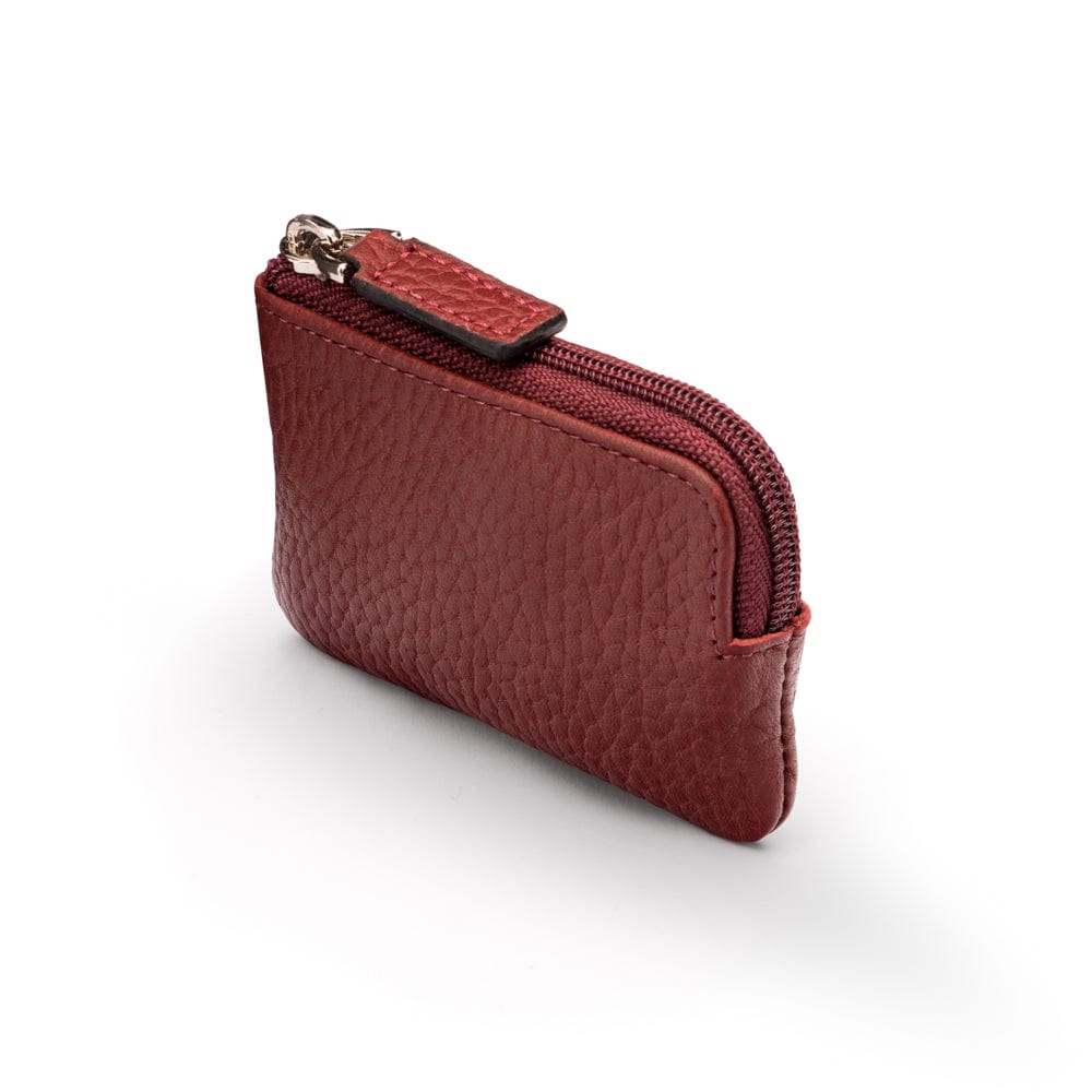 Miniature leather coin purse with key chain, burgundy, top