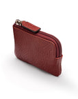 Miniature leather coin purse with key chain, burgundy, top