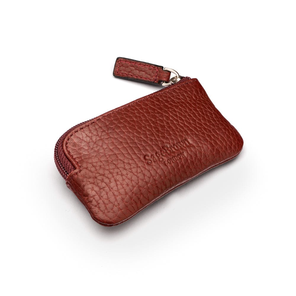 Miniature leather coin purse with key chain, burgundy, back