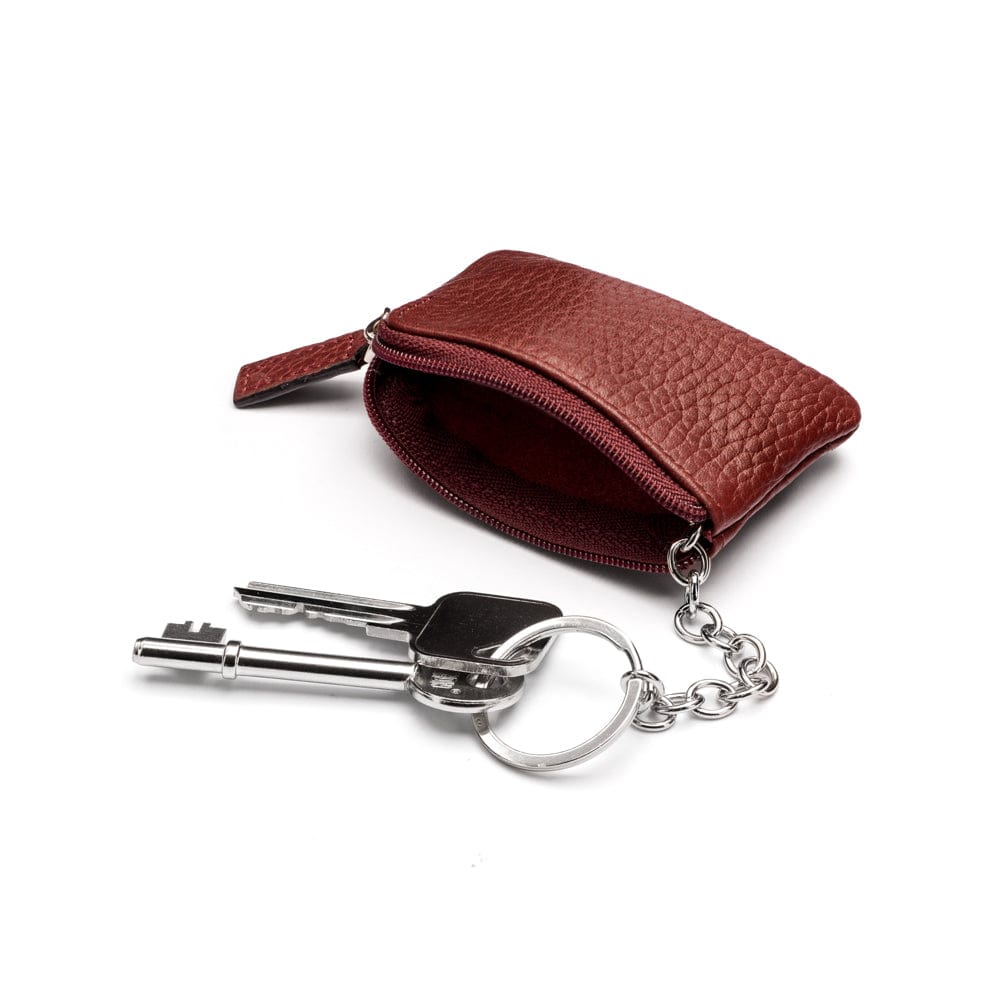 Miniature leather coin purse with key chain, burgundy, inisde