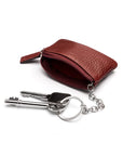 Miniature leather coin purse with key chain, burgundy, inisde