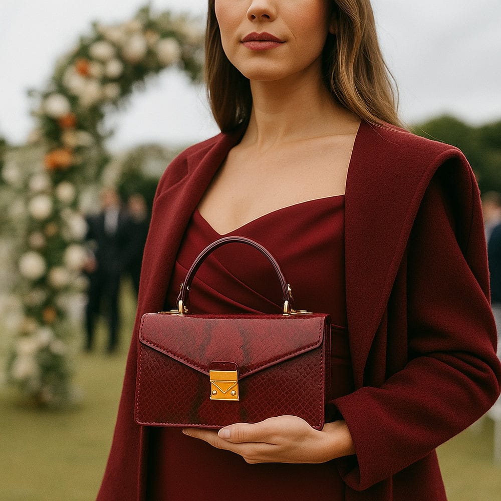 Real python Maya top handle bag, burgundy, lifestyle