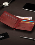 RFID wallet in bridle hide leather, burgundy, lifestyle