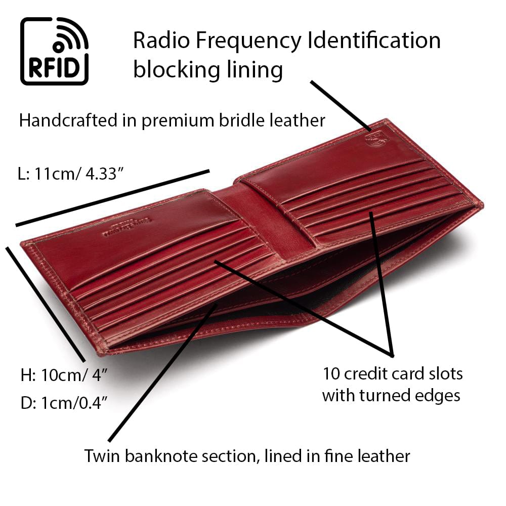 RFID wallet in bridle hide leather, burgundy, features