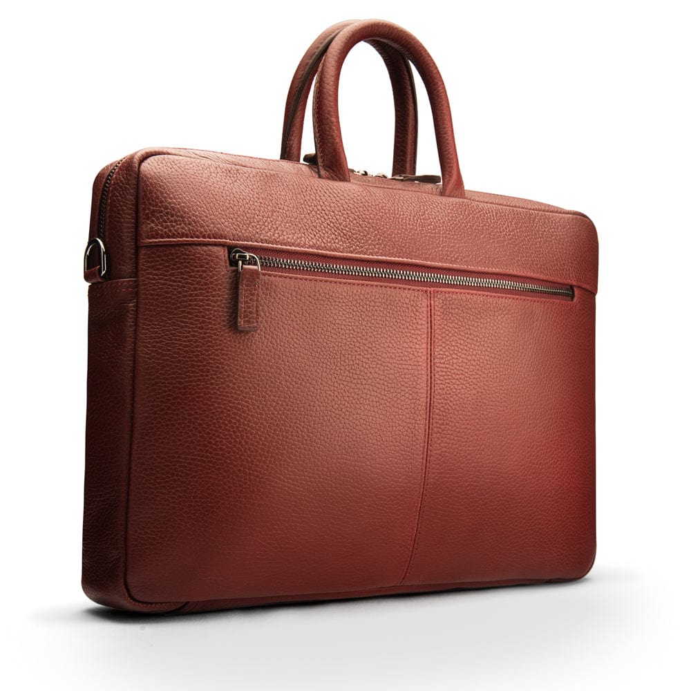 17" slim leather laptop bag, burgundy, front