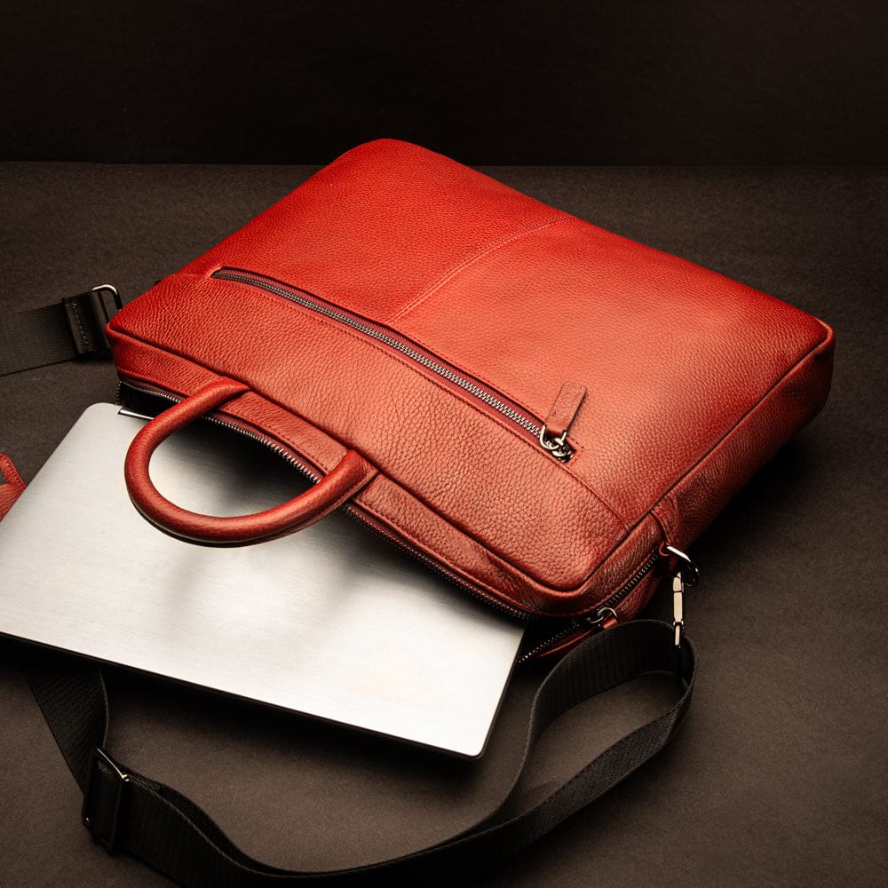17" slim leather laptop bag, burgundy, lifestyle