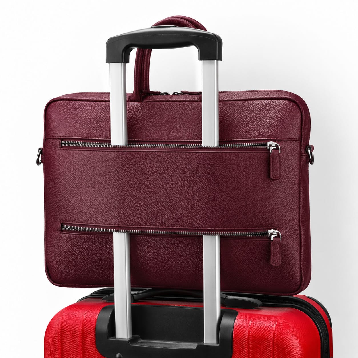 Slim Leather Laptop Bag for 13-inch Laptops, Burgundy, on a trolley bag