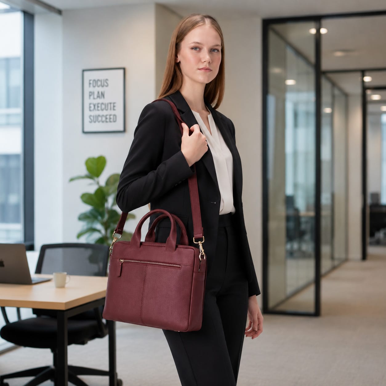 Slim Leather Laptop Bag for 15-inch Laptops, burgundy, lifestyle