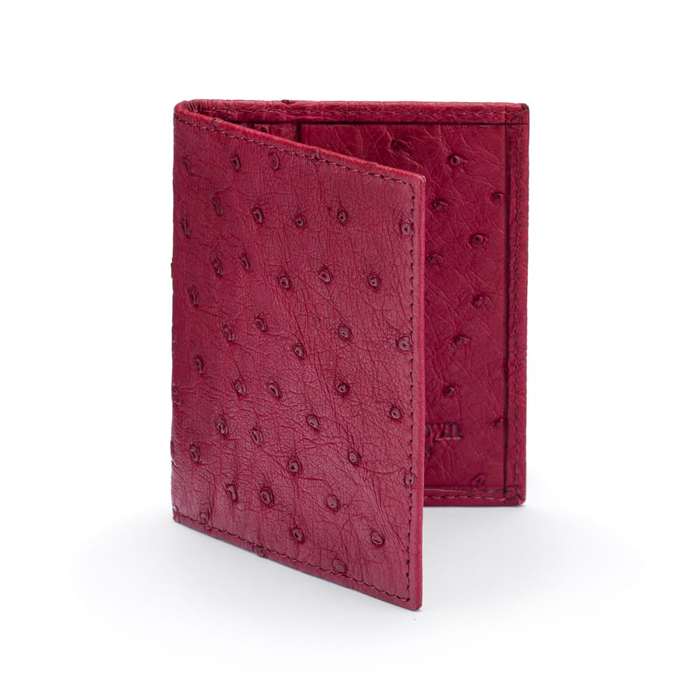 Slim Real Ostrich Leather Bifold Card Wallet with RFID, Burgundy, front