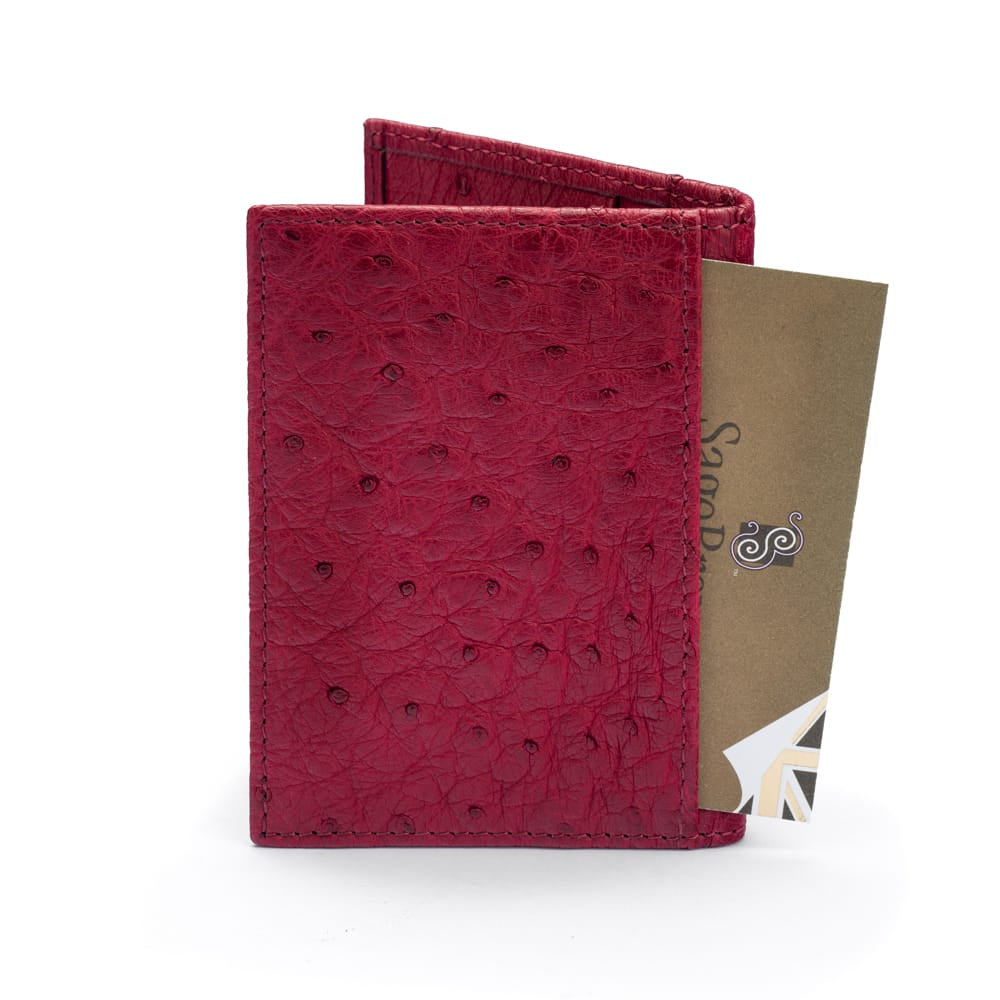Slim Real Ostrich Leather Bifold Card Wallet with RFID, Burgundy, back