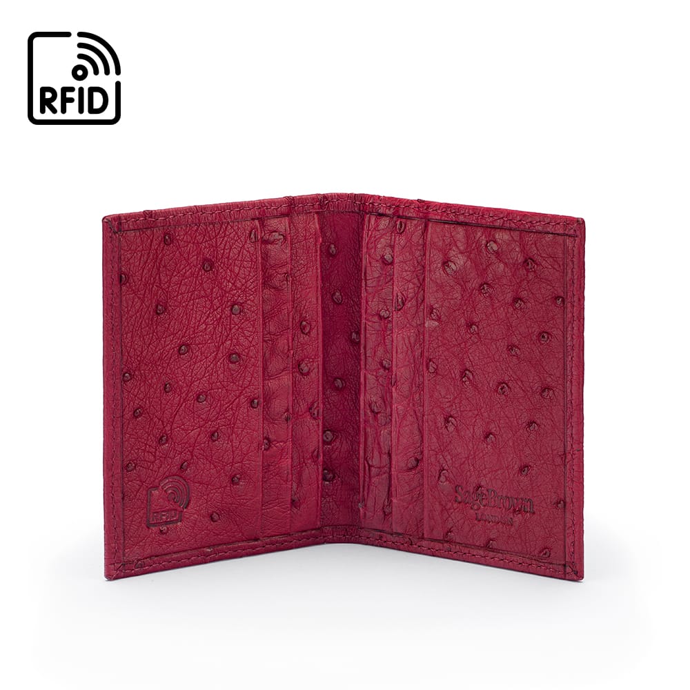 Slim Real Ostrich Leather Bifold Card Wallet with RFID, Burgundy, inside