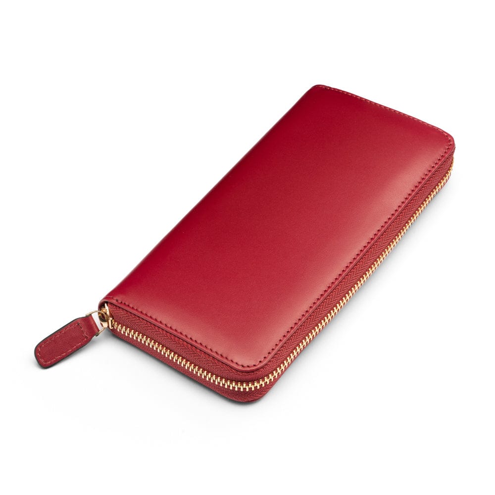 Tall leather zip around accordion purse, burgundy, front