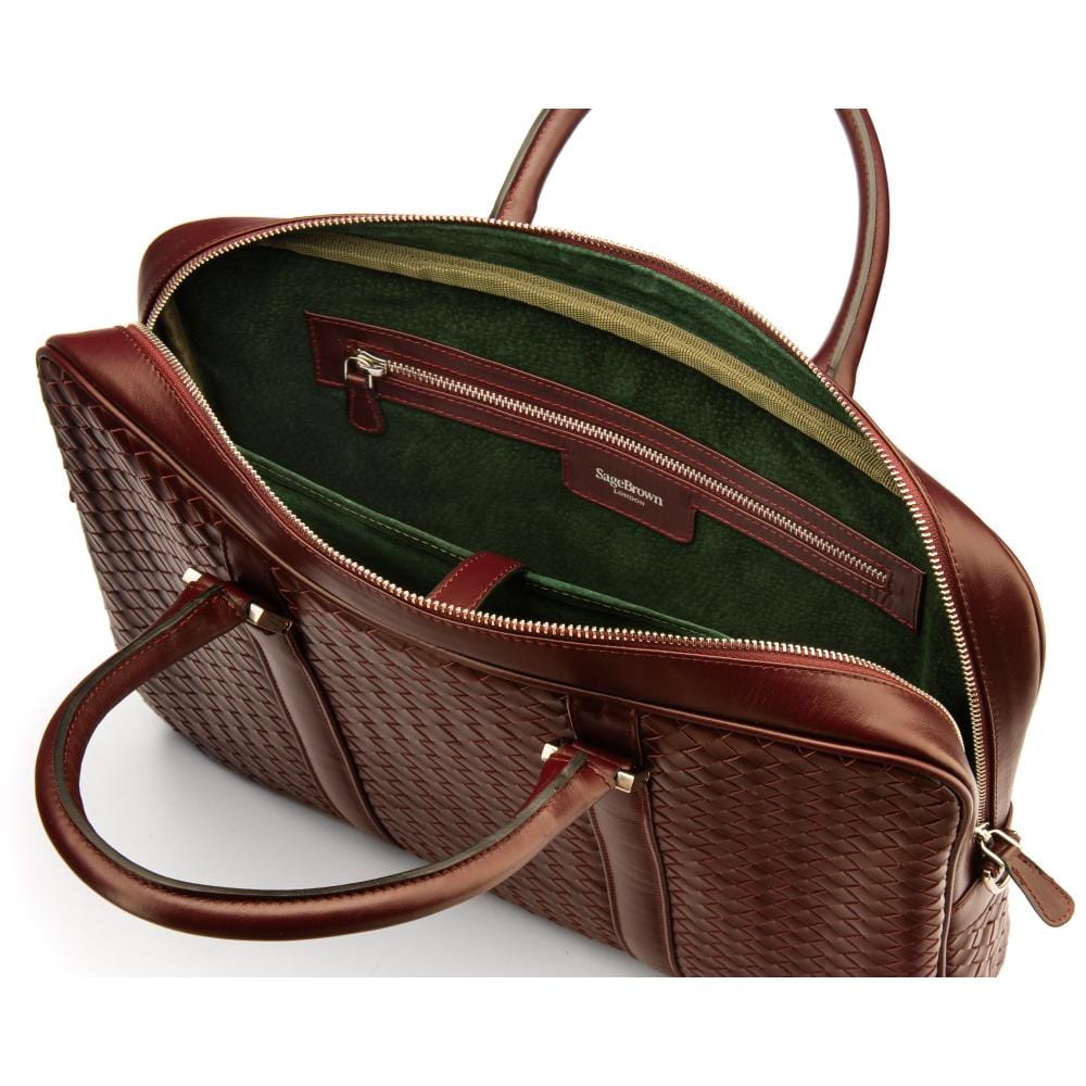The Tressé leather laptop bag, burgundy woven, inside