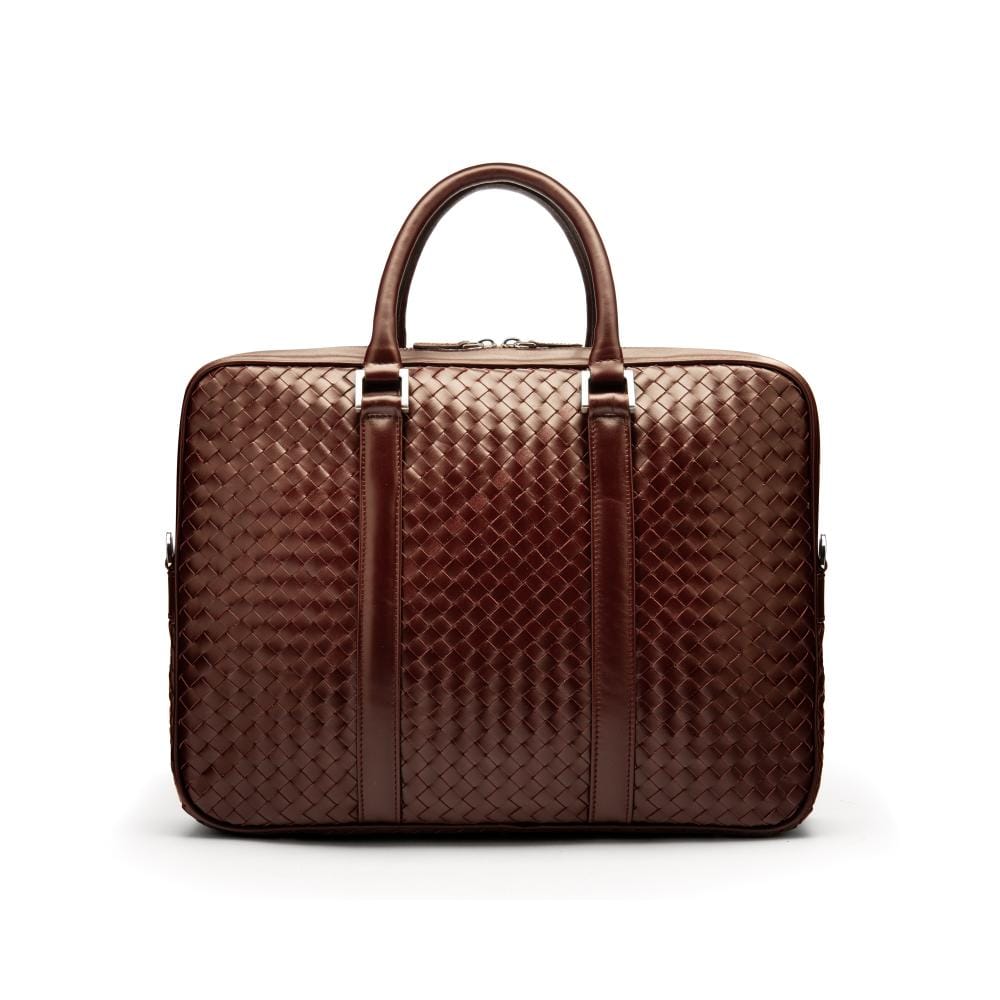 The Tressé leather laptop bag, burgundy woven, front