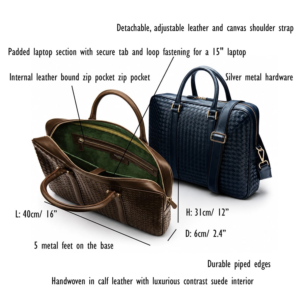 The Tressé leather laptop bag, navy woven, features and dimensions