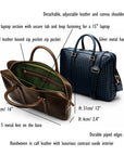 The Tressé leather laptop bag, navy woven, features and dimensions