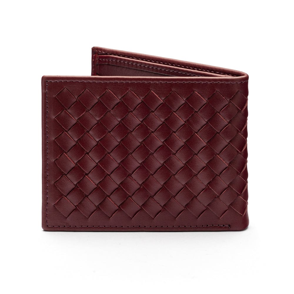 Woven leather wallet with 6 credit card slots, burgundy, back