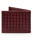Woven leather wallet with 6 credit card slots, burgundy, back