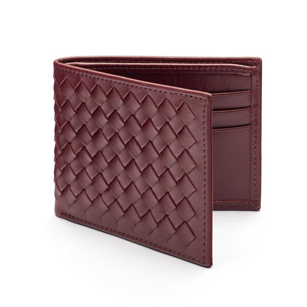 Woven leather wallet with 6 credit card slots, burgundy, front