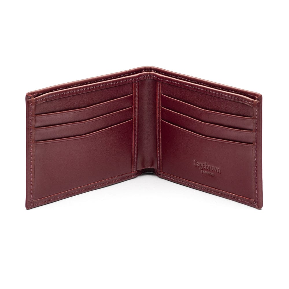 Woven leather wallet with 6 credit card slots, burgundy, open