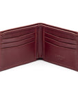 Woven leather wallet with 6 credit card slots, burgundy, open