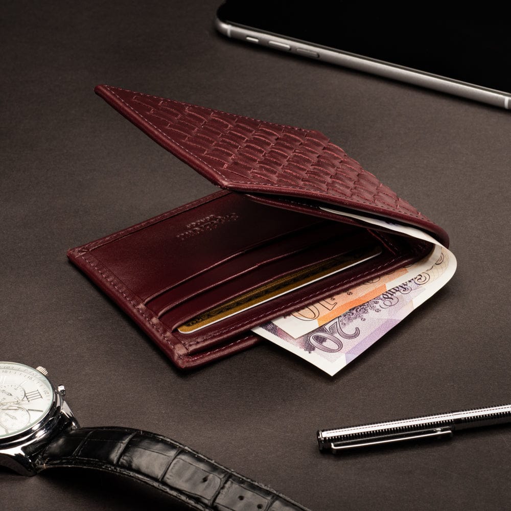 Woven leather wallet with 6 credit card slots, burgundy, lifestyle