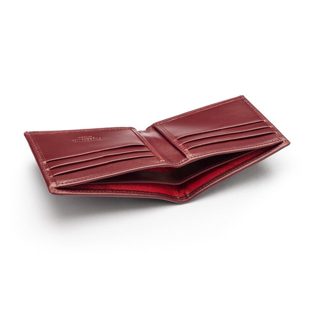 Woven leather wallet with 6 credit card slots, burgundy, inside