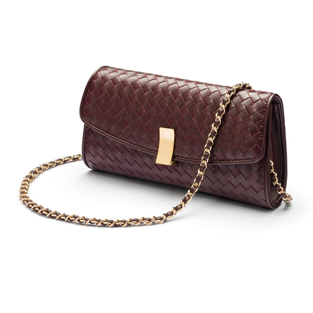 Woven leather clutch bag, burgundy, with chain strap